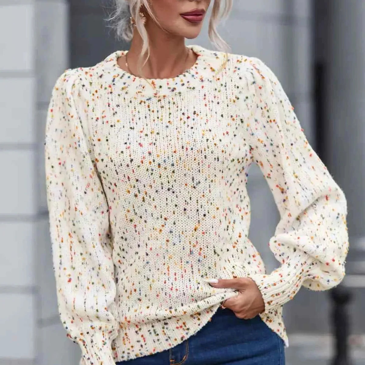 Heathered Round Neck Lantern Sleeve Sweater — square view — Livostyle