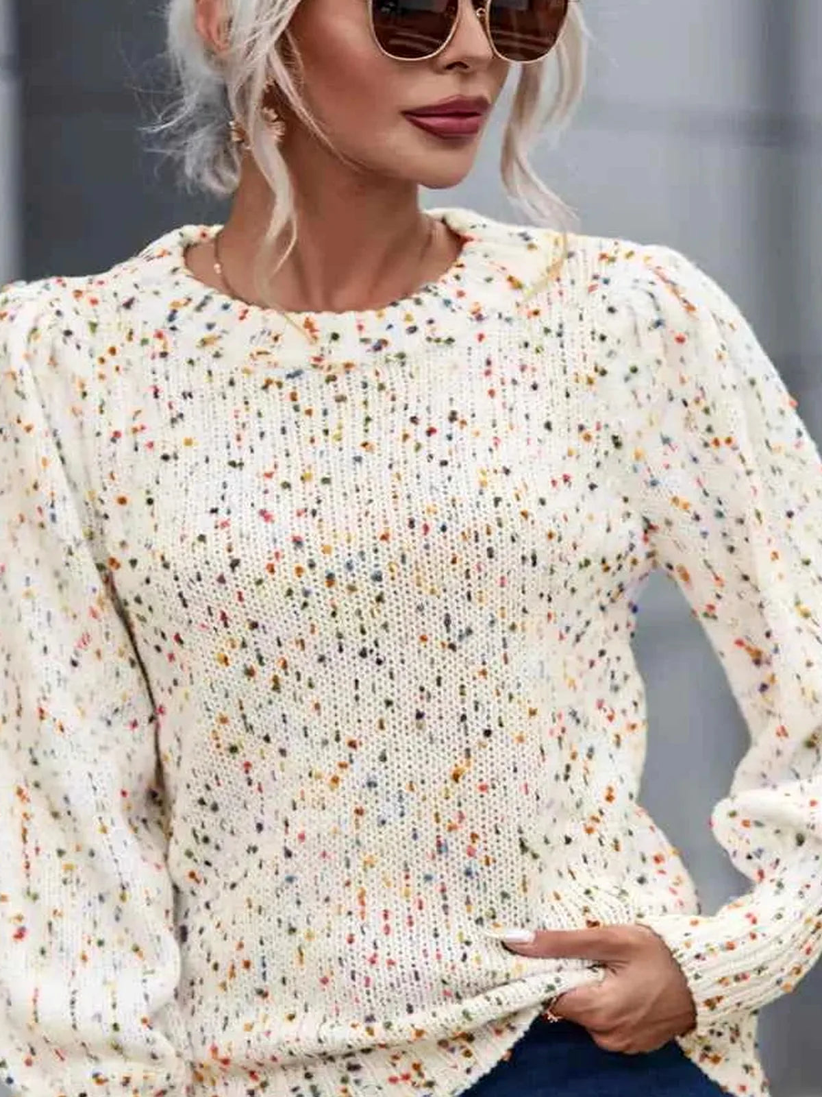 Heathered Round Neck Lantern Sleeve Sweater — detail view — Livostyle