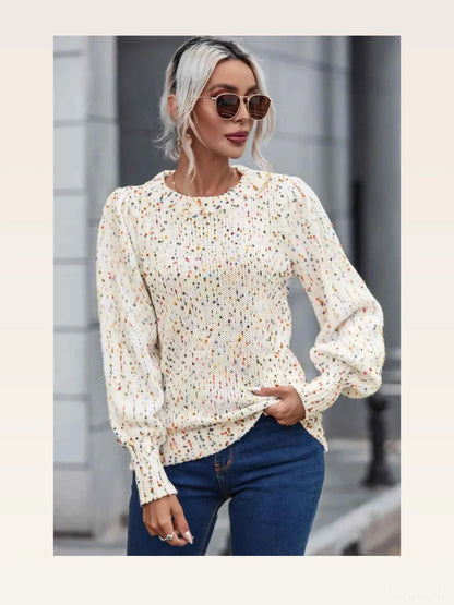 Heathered Round Neck Lantern Sleeve Sweater — styled showcase — Livostyle
