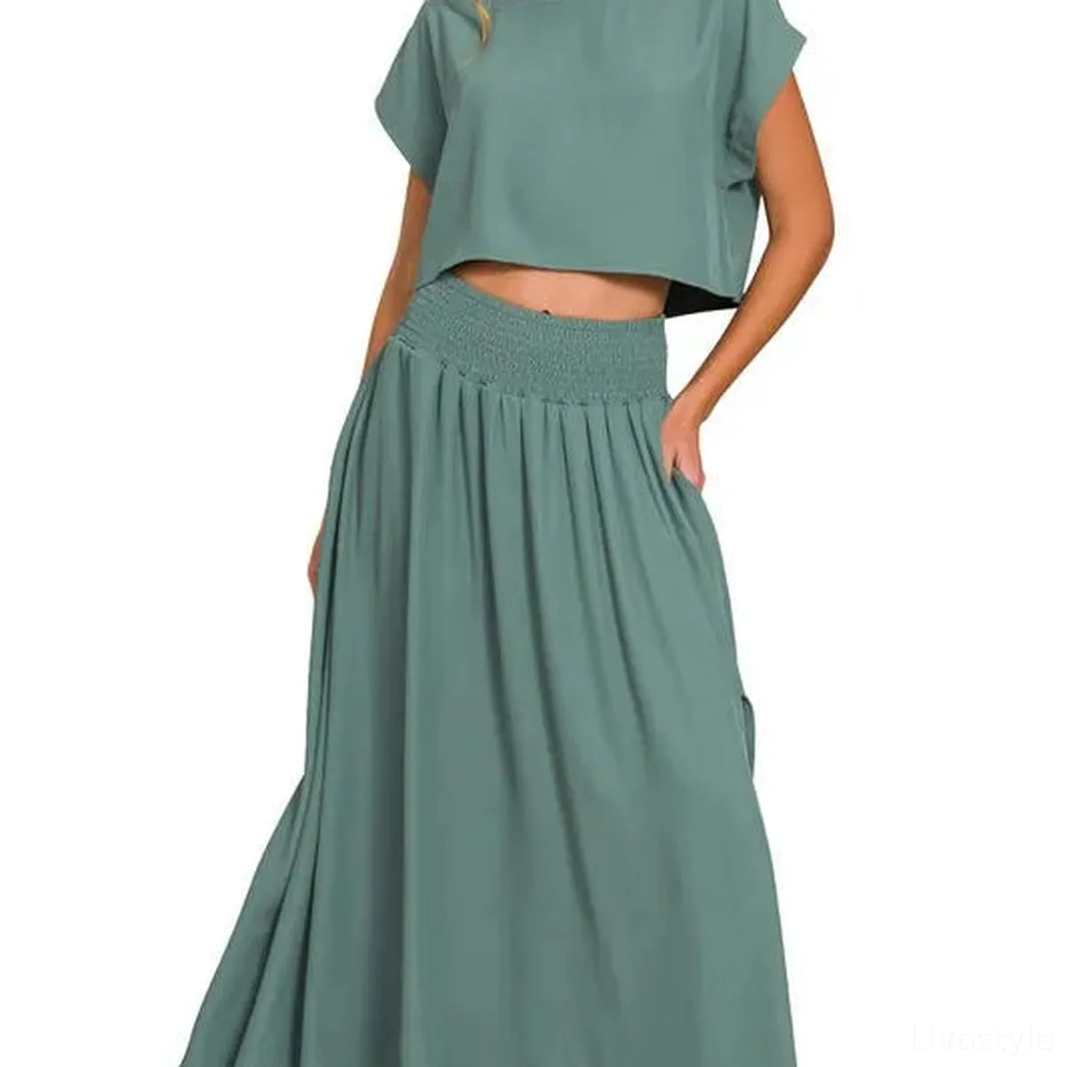 Heavy Woven Span Crop Tee & Skirt Set — square view — Livostyle