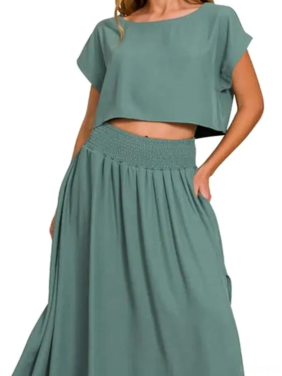 Heavy Woven Span Crop Tee & Skirt Set — detail view — Livostyle