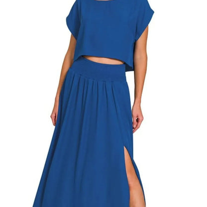 Heavy Woven Span Crop Tee & Skirt Set in LT NAVY — square view — Livostyle