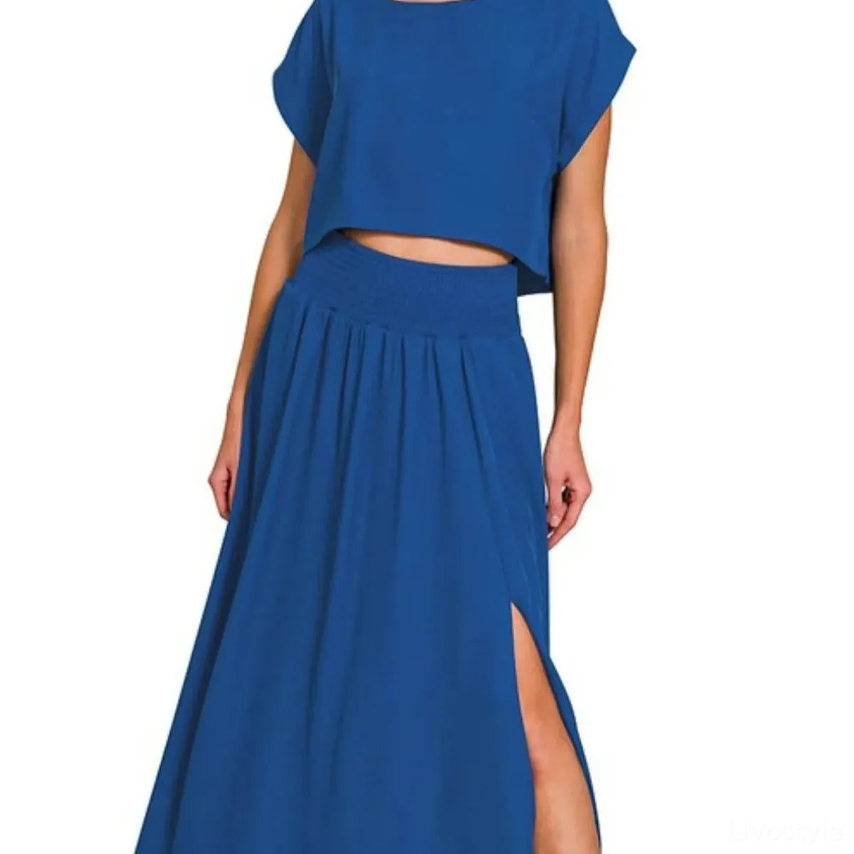 Heavy Woven Span Crop Tee & Skirt Set in LT NAVY — square view — Livostyle