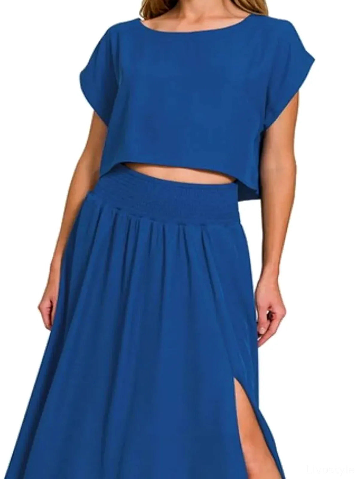 Heavy Woven Span Crop Tee & Skirt Set in LT NAVY — detail view — Livostyle