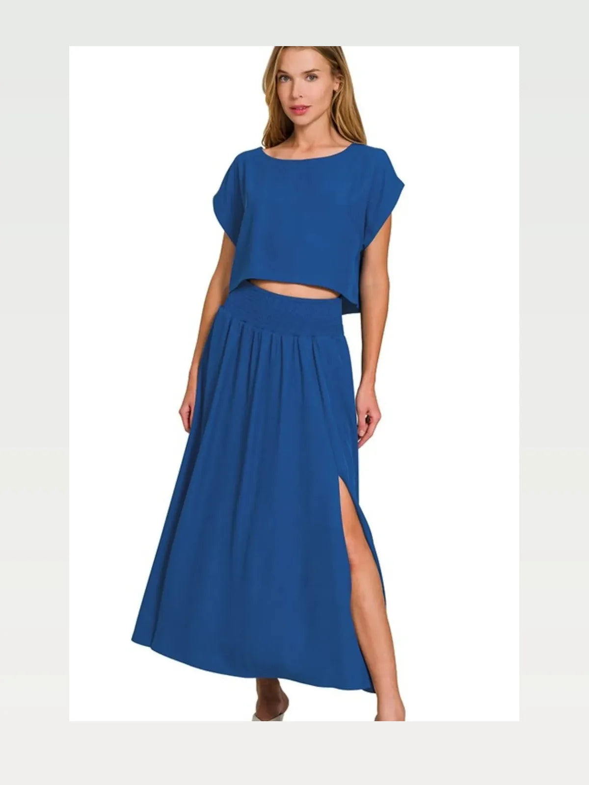 Heavy Woven Span Crop Tee & Skirt Set in LT NAVY — styled showcase — Livostyle