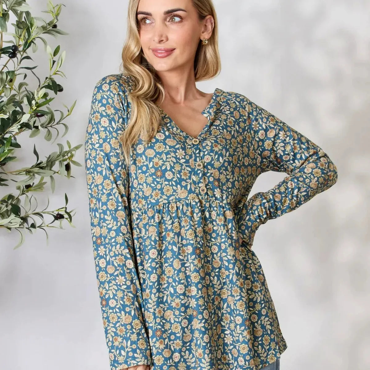 Chic Floral Print Long Sleeve Top with Notched Neckline — square view — Livostyle