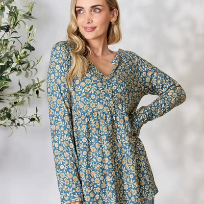 Chic Floral Print Long Sleeve Top with Notched Neckline — square view — Livostyle