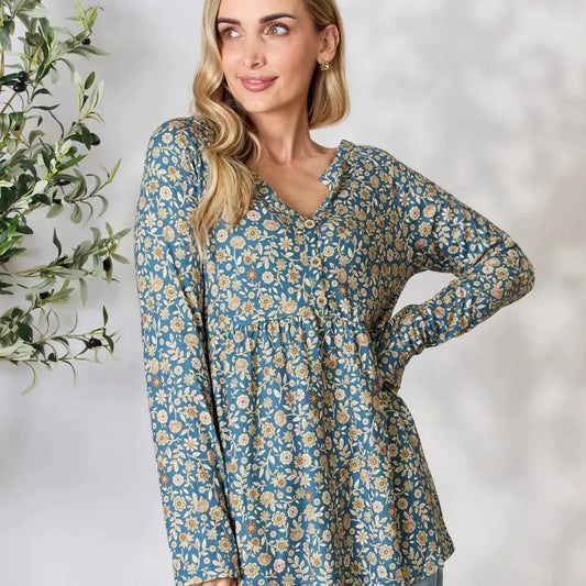Chic Floral Print Long Sleeve Top with Notched Neckline — square view — Livostyle