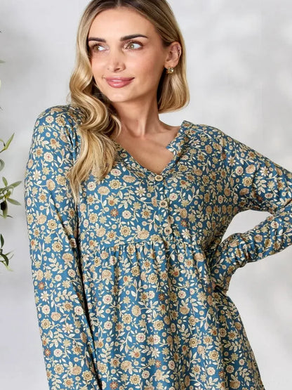 Chic Floral Print Long Sleeve Top with Notched Neckline — detail view — Livostyle