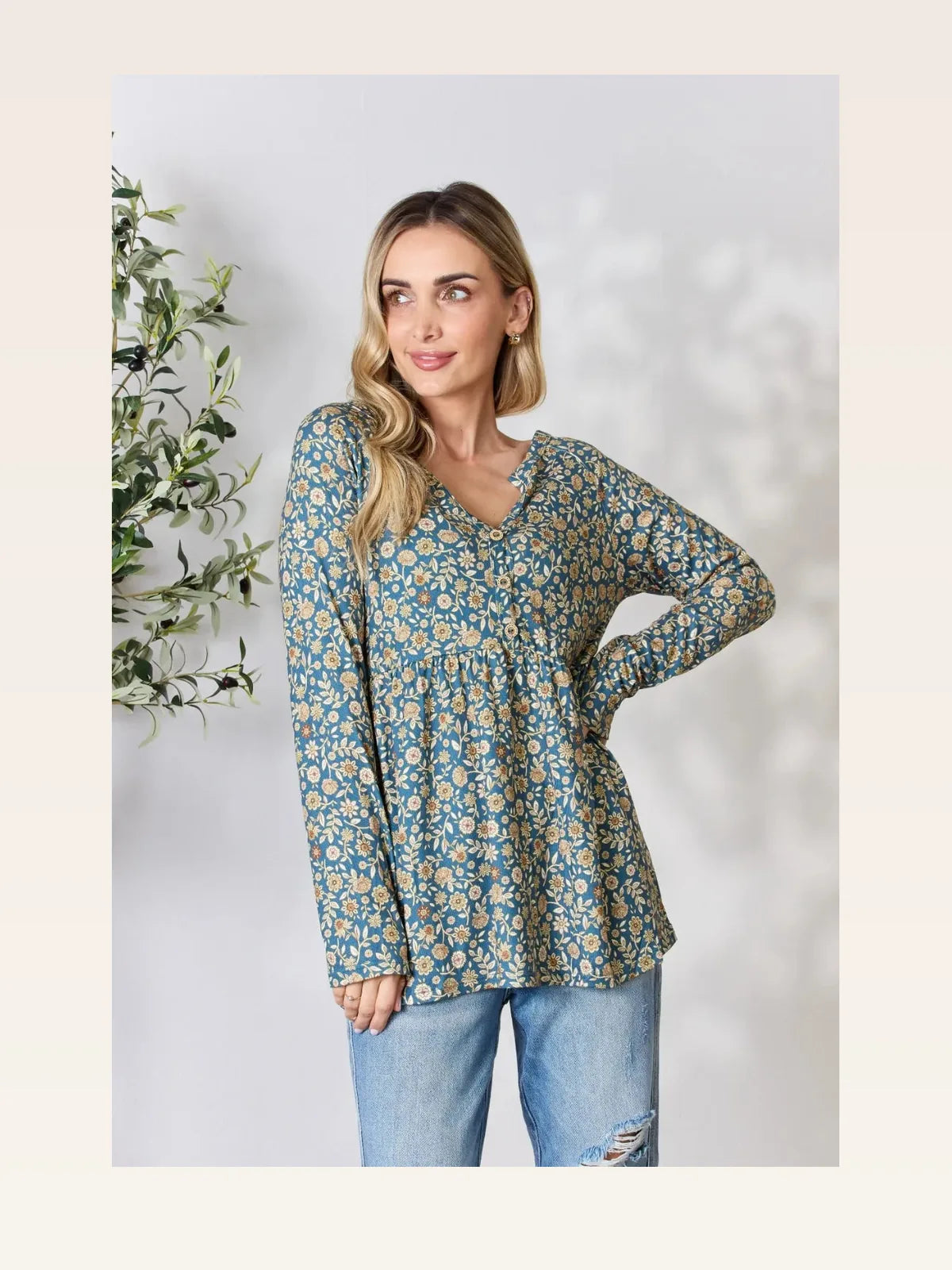 Chic Floral Print Long Sleeve Top with Notched Neckline — styled showcase — Livostyle