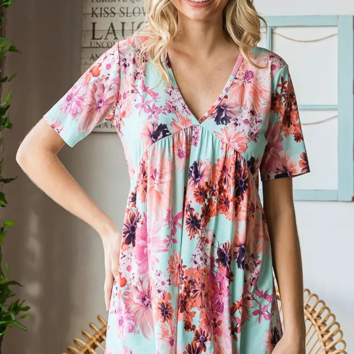 Floral Babydoll Blouse: V-Neck, Short Sleeve — square view — Livostyle