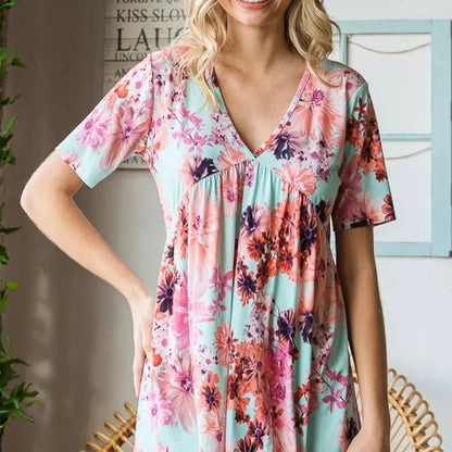 Floral Babydoll Blouse: V-Neck, Short Sleeve — square view — Livostyle