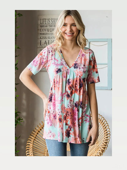 Floral Babydoll Blouse: V-Neck, Short Sleeve — styled showcase — Livostyle