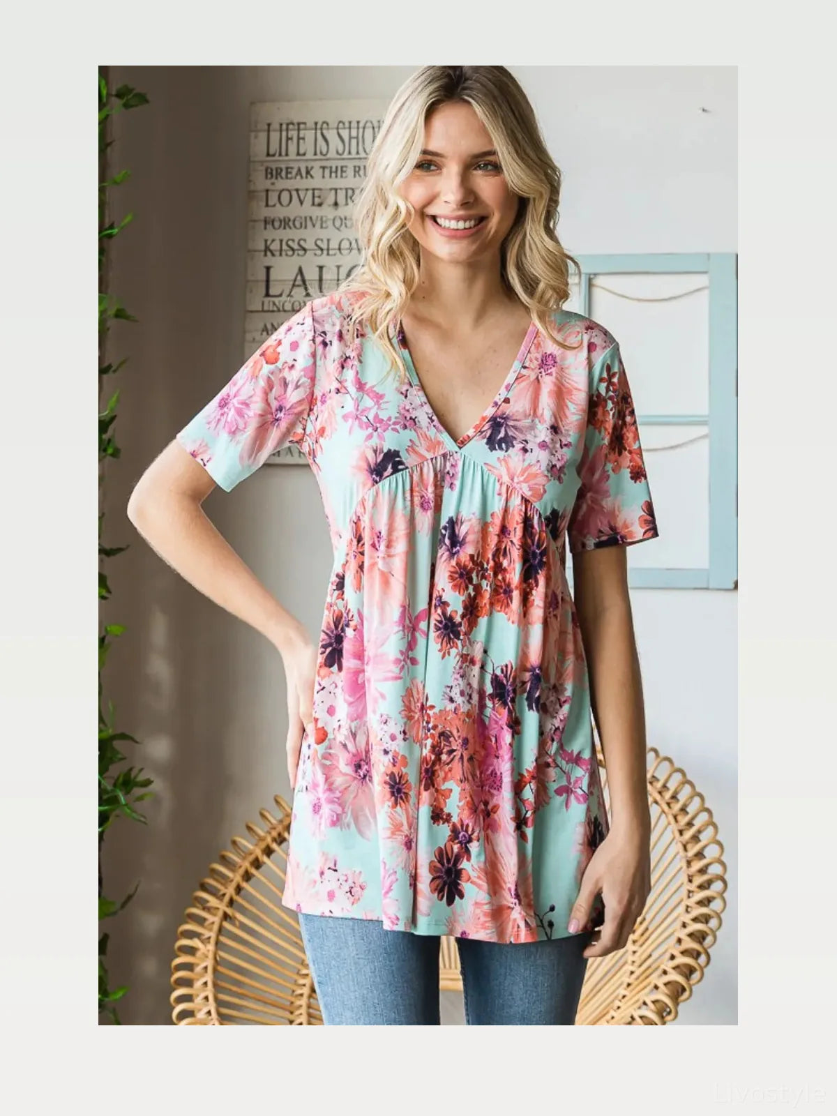 Floral Babydoll Blouse: V-Neck, Short Sleeve — styled showcase — Livostyle