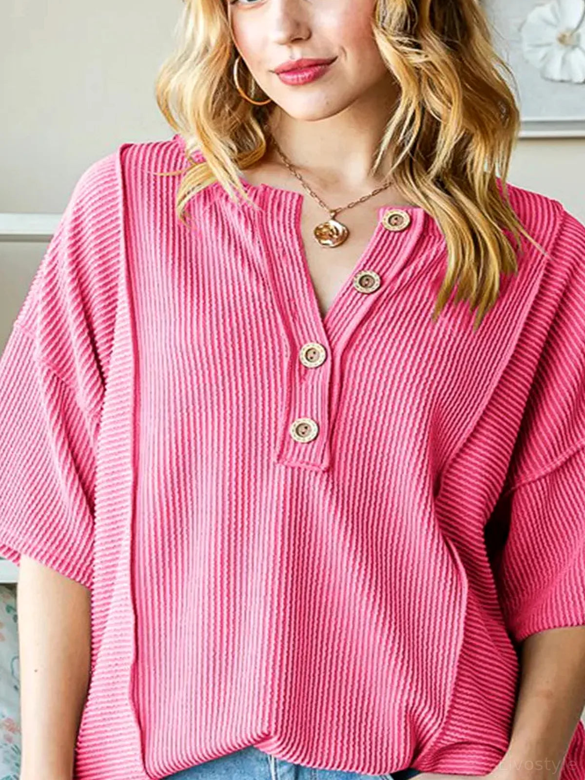 Stylish Ribbed Drop Shoulder Top with Half Button Detail — detail view — Livostyle