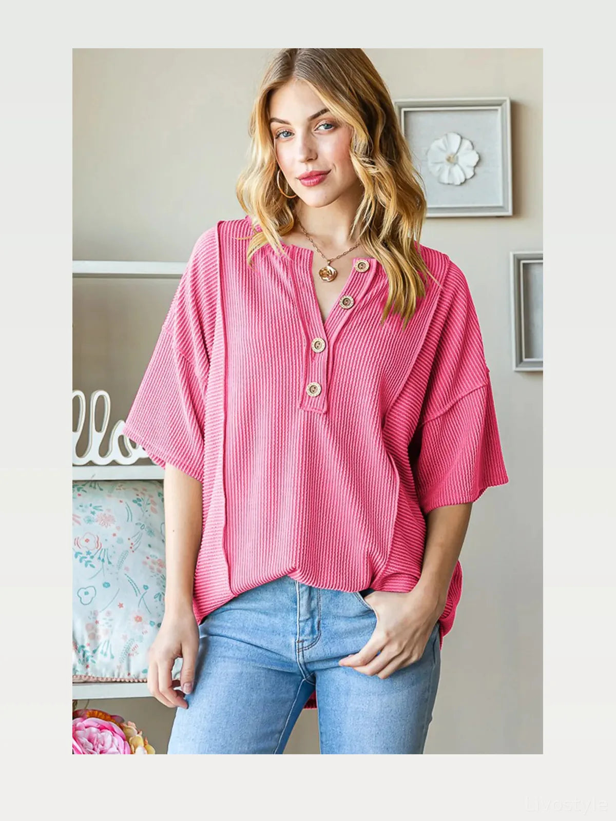 Stylish Ribbed Drop Shoulder Top with Half Button Detail — styled showcase — Livostyle