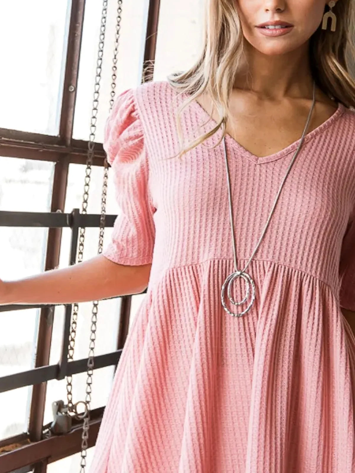 Women's Waffle Knit Babydoll Top for Casual & Dressy Occasio — detail view — Livostyle