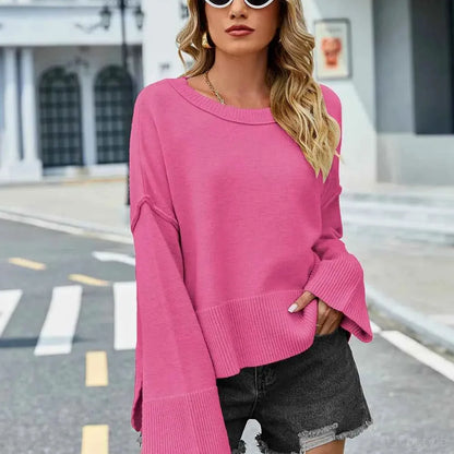 High-Low Slit Round Neck Long Sleeve Sweater — square view — Livostyle