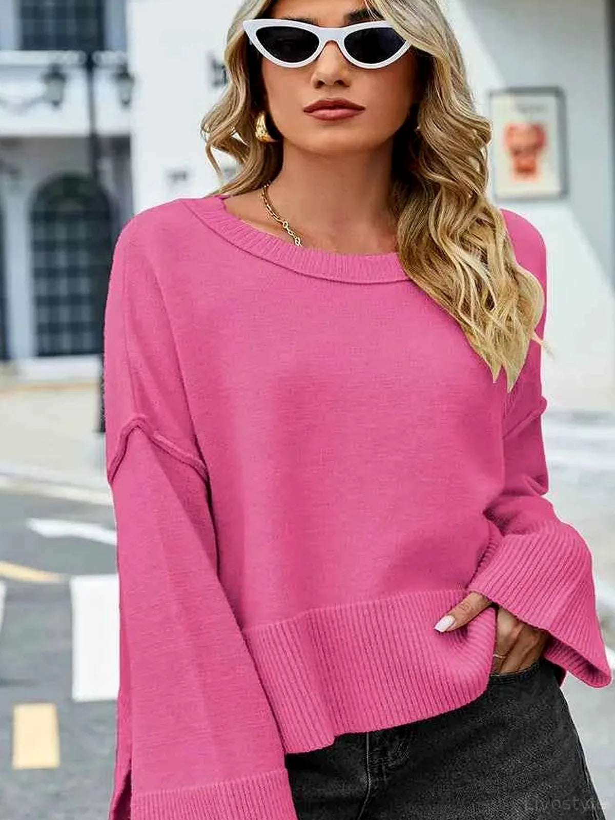High-Low Slit Round Neck Long Sleeve Sweater — detail view — Livostyle