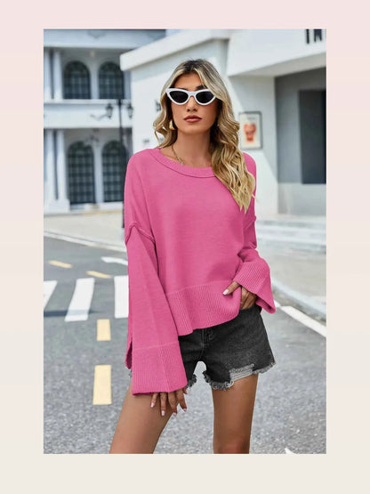 High-Low Slit Round Neck Long Sleeve Sweater — styled showcase — Livostyle
