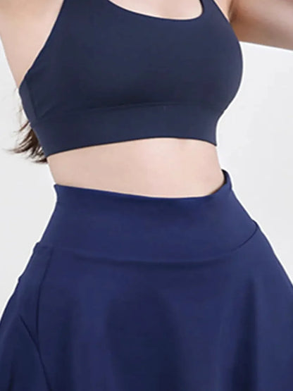 Navy Blue Activewear High Waist Pleated Sports Skirt — detail view — Livostyle