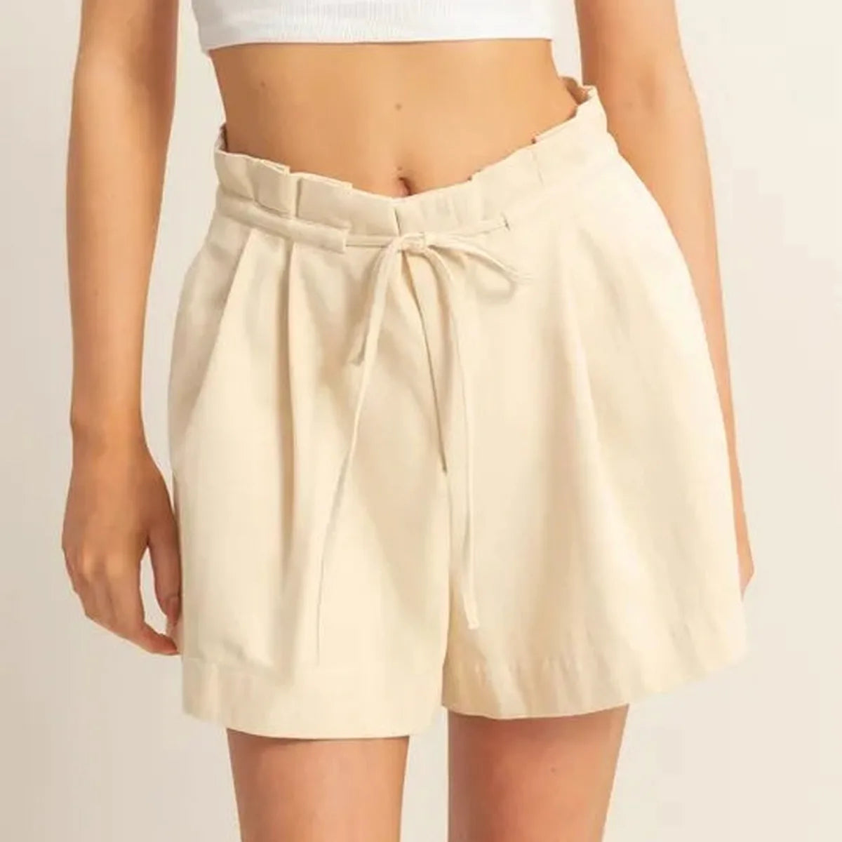 High-Waisted Washed Twill Paperbag Shorts — square view — Livostyle