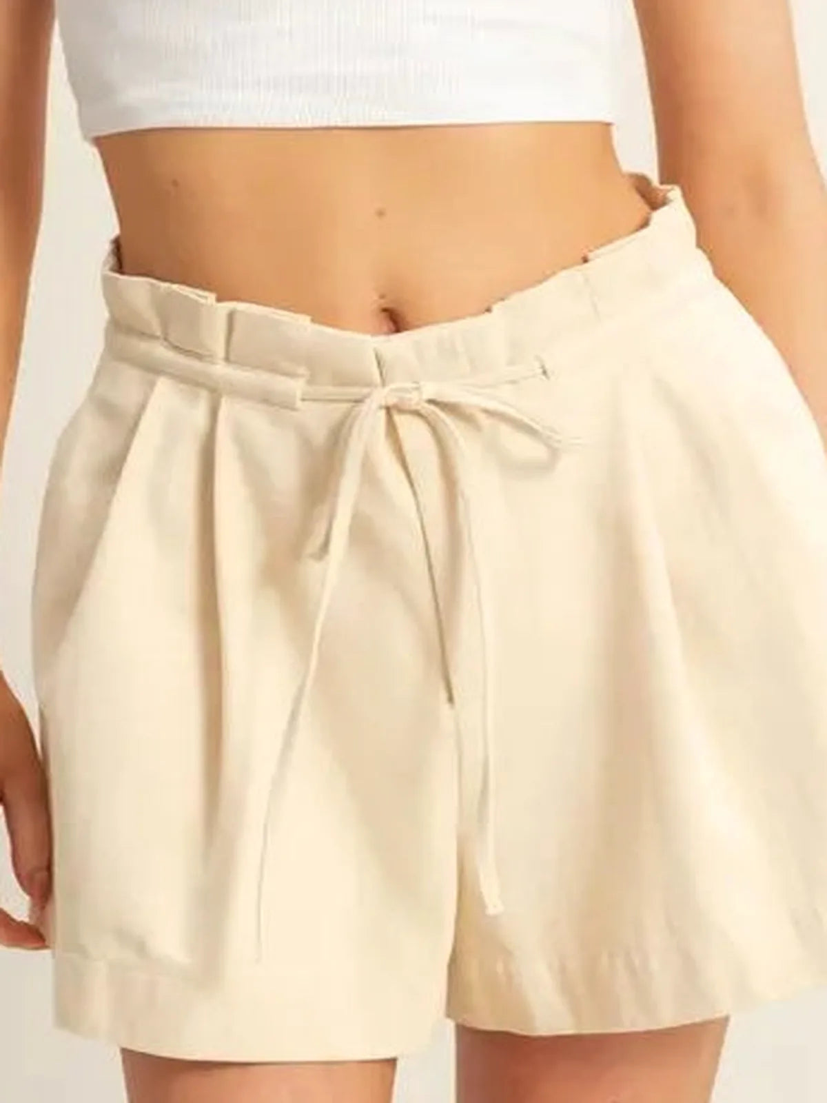 High-Waisted Washed Twill Paperbag Shorts — detail view — Livostyle