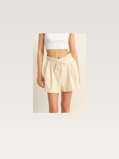 High-Waisted Washed Twill Paperbag Shorts — styled showcase — Livostyle