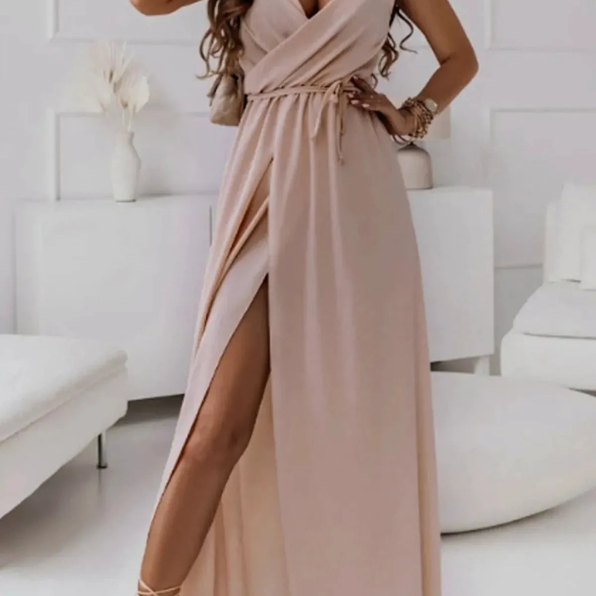 Elegant Honey-Colored Sleeveless Midi Cami Dress with Tie De — square view — Livostyle