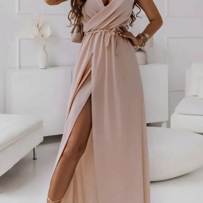 Elegant Honey-Colored Sleeveless Midi Cami Dress with Tie De — square view — Livostyle