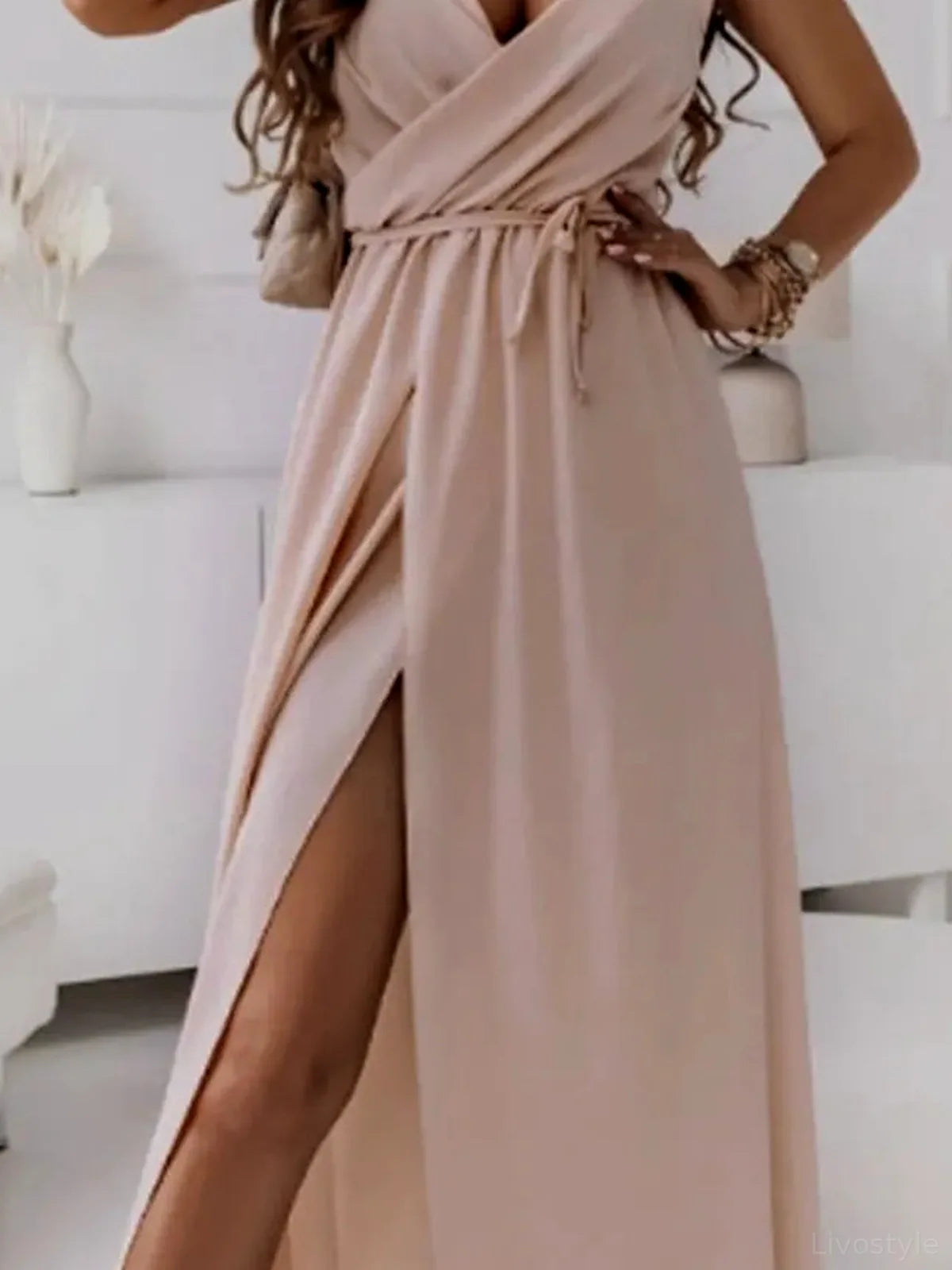 Elegant Honey-Colored Sleeveless Midi Cami Dress with Tie De — detail view — Livostyle