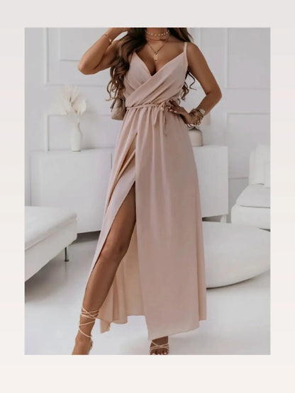 Elegant Honey-Colored Sleeveless Midi Cami Dress with Tie De — styled showcase — Livostyle