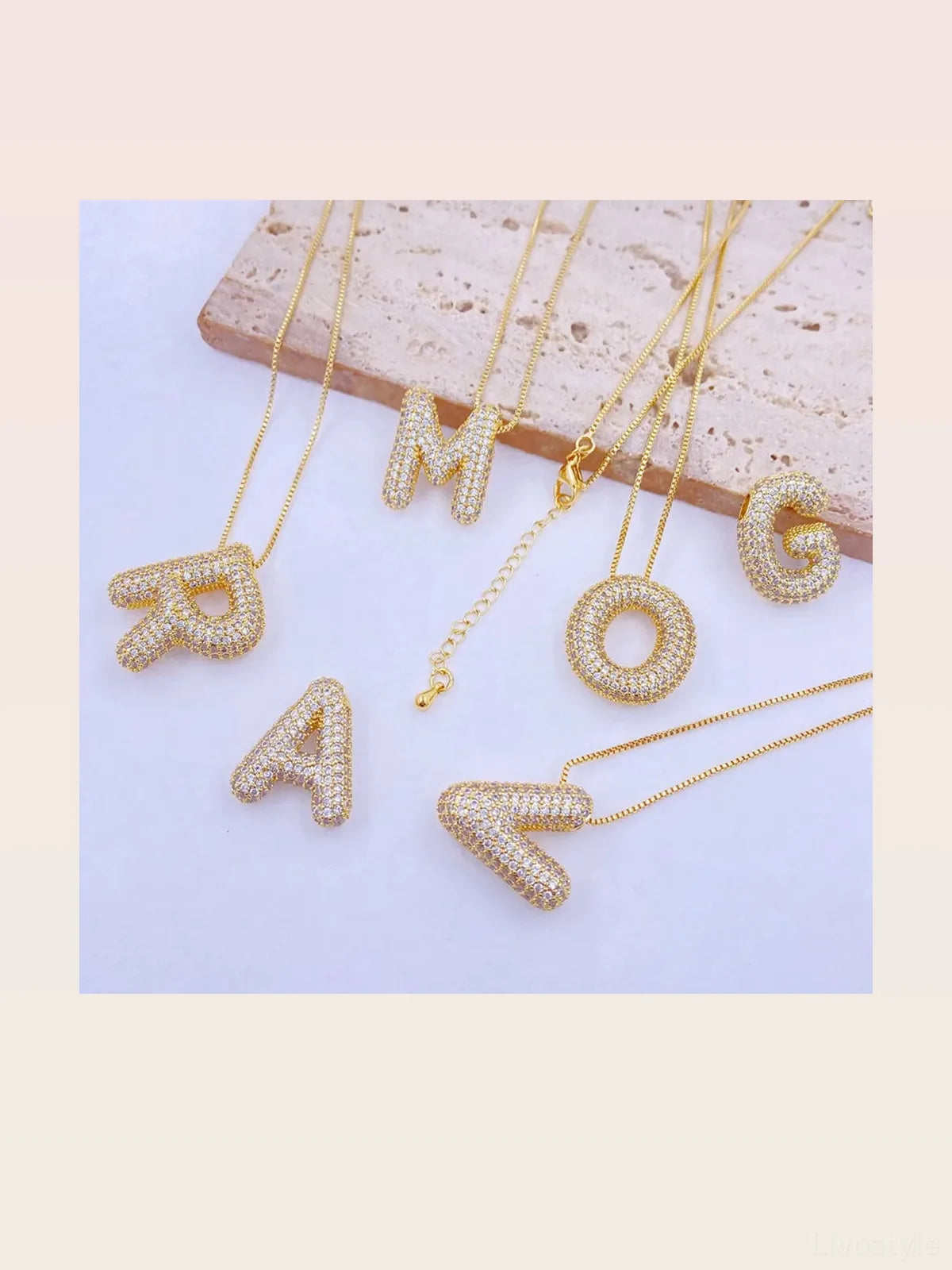 Inlaid Zircon Bubble Initial A Necklace — styled showcase — Livostyle