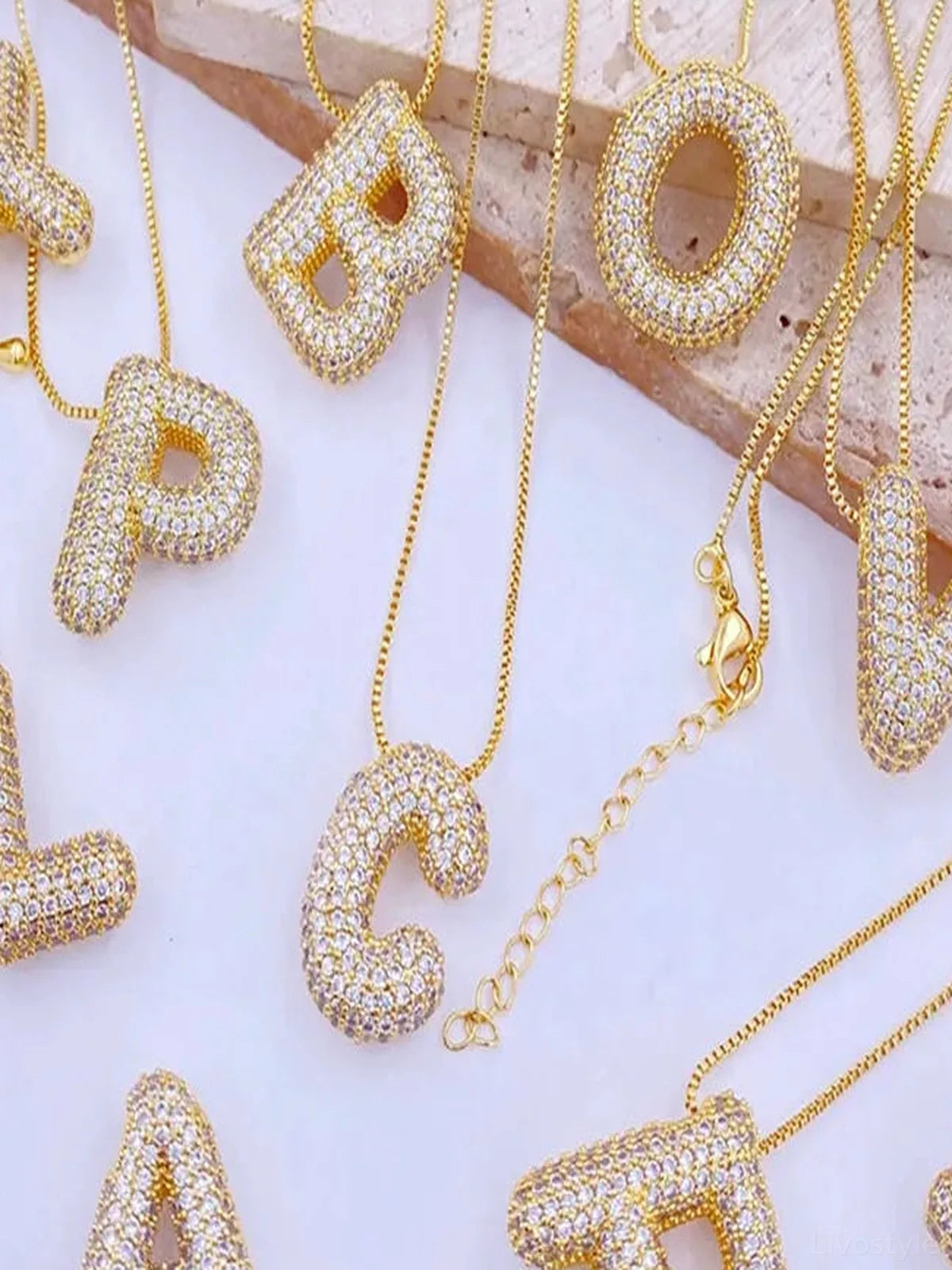Inlaid Zircon Bubble Initial V Necklace — detail view — Livostyle