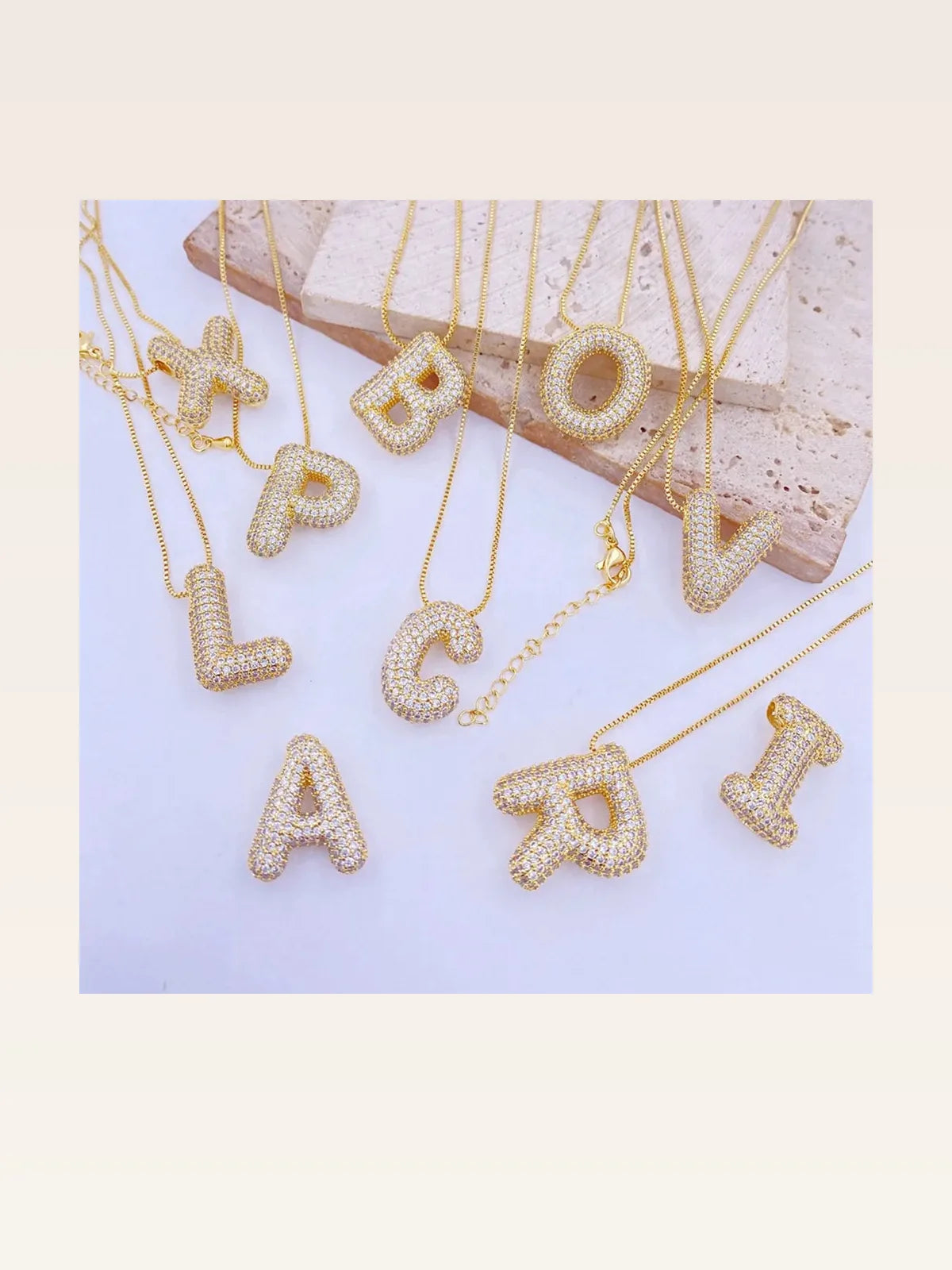 Inlaid Zircon Bubble Initial V Necklace — styled showcase — Livostyle