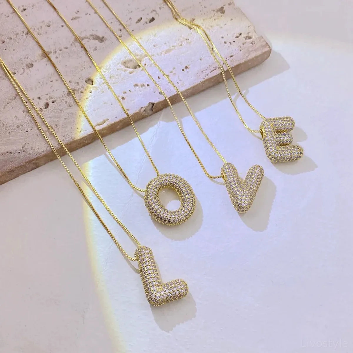 Inlaid Zircon Bubble Initial L Necklace — square view — Livostyle
