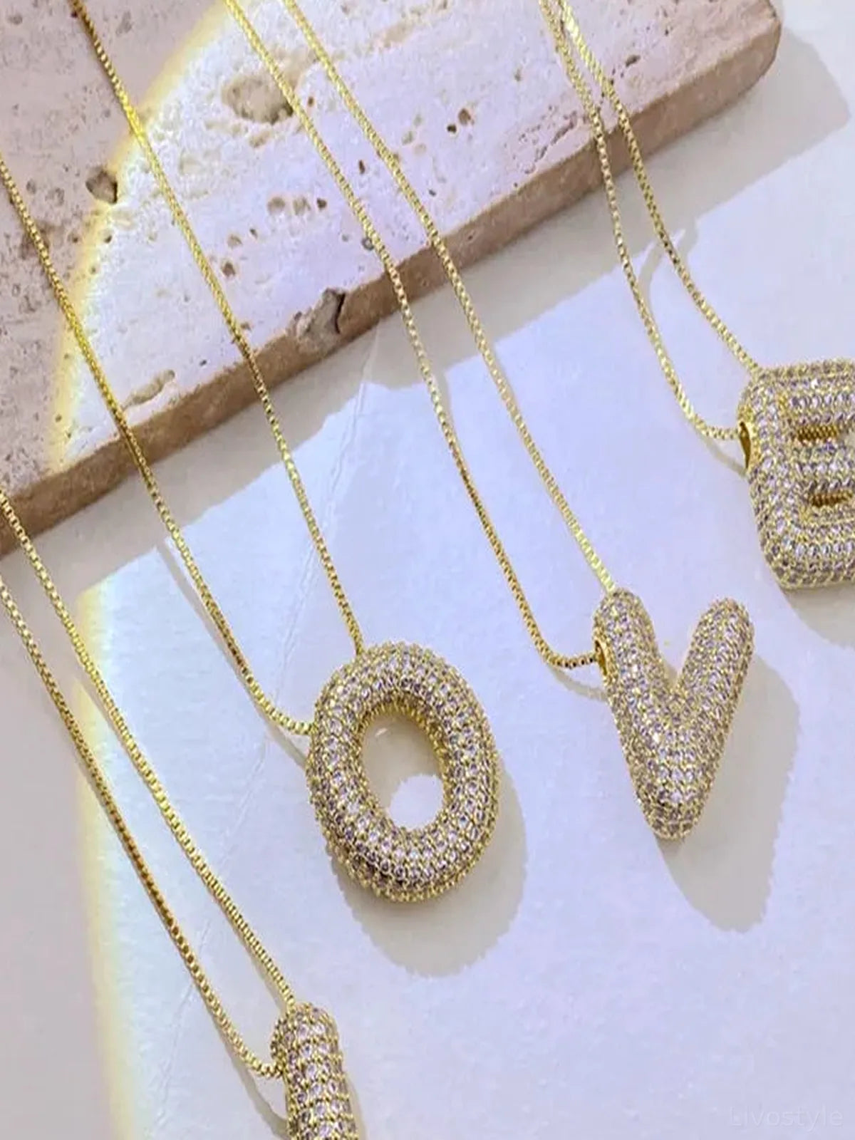 Inlaid Zircon Bubble Initial L Necklace — detail view — Livostyle