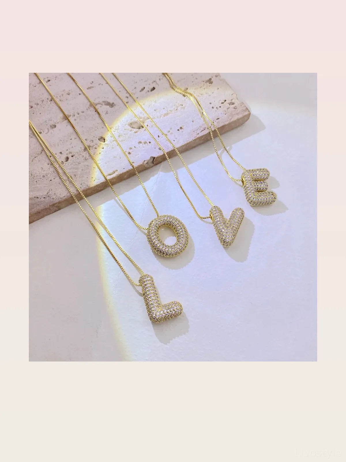 Inlaid Zircon Bubble Initial L Necklace — styled showcase — Livostyle