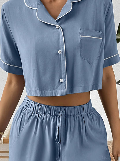 Ivy Lane Contrast Lapel Collar Cropped Shirt and Shorts Loun — detail view — Livostyle