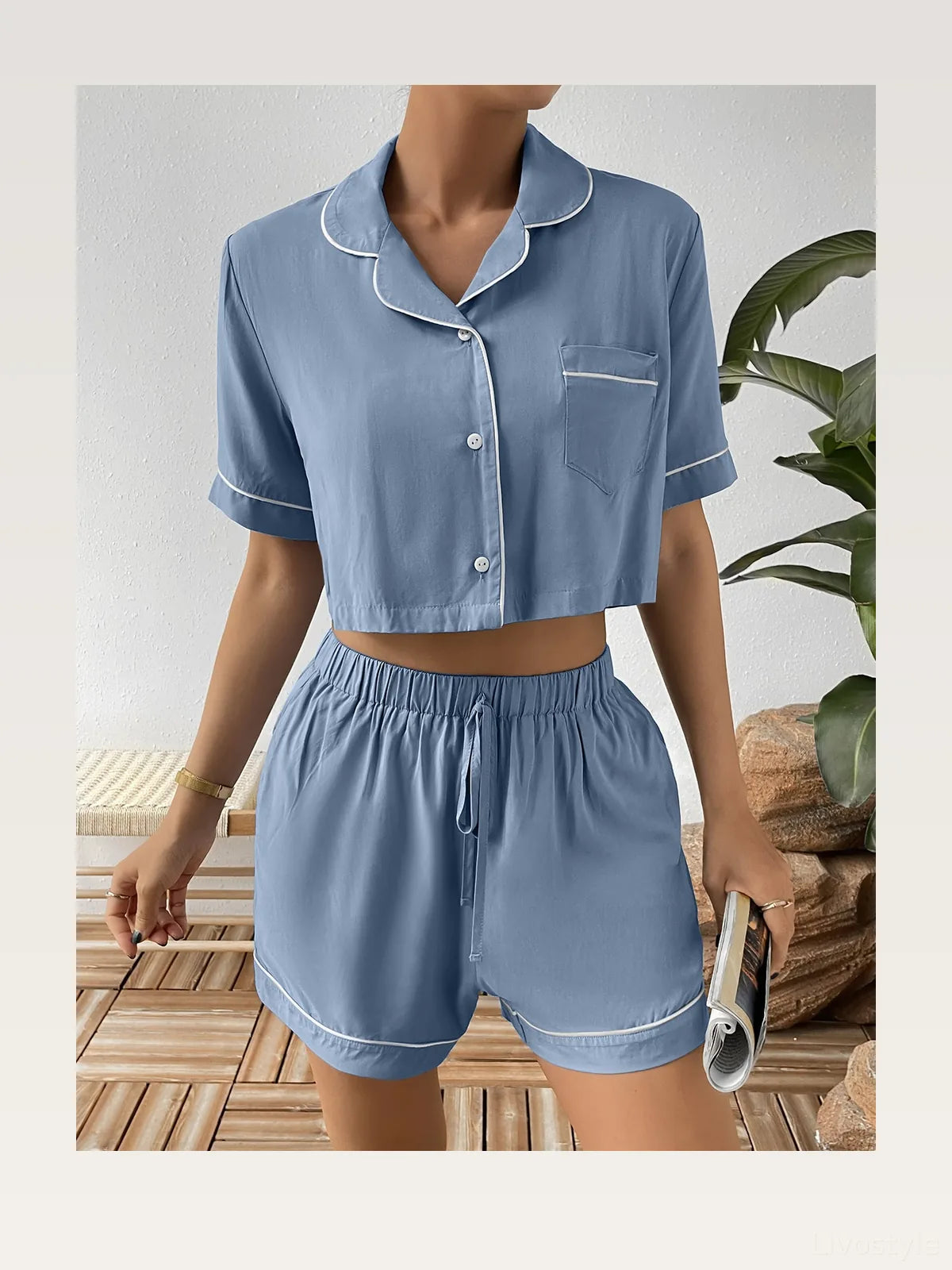 Ivy Lane Contrast Lapel Collar Cropped Shirt and Shorts Loun — styled showcase — Livostyle
