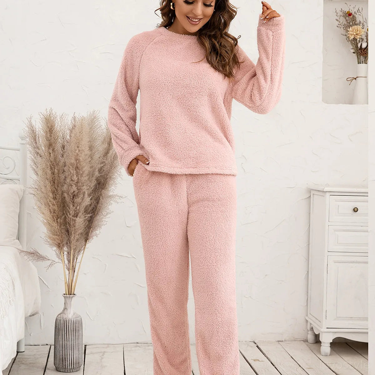 Ivy Lane Teddy Long Sleeve Top and Pants Lounge Set — square view — Livostyle