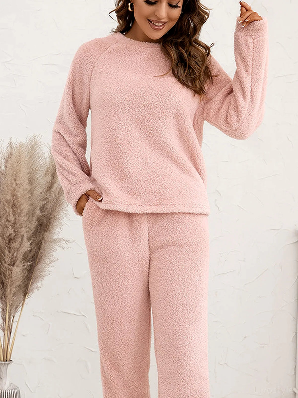 Ivy Lane Teddy Long Sleeve Top and Pants Lounge Set — detail view — Livostyle