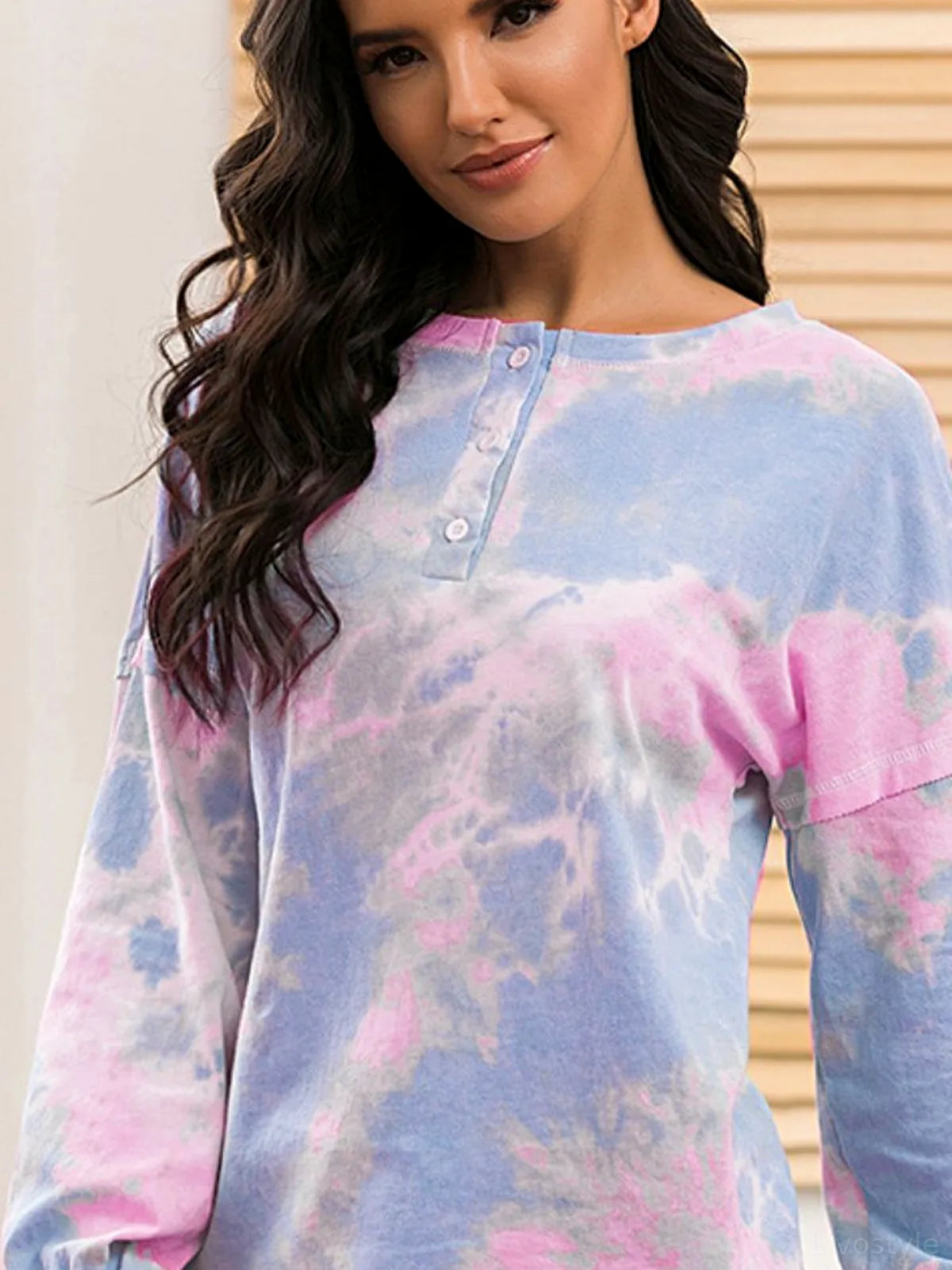 Ivy Lane Tie-Dye Long Sleeve Top and Shorts Lounge Set — detail view — Livostyle