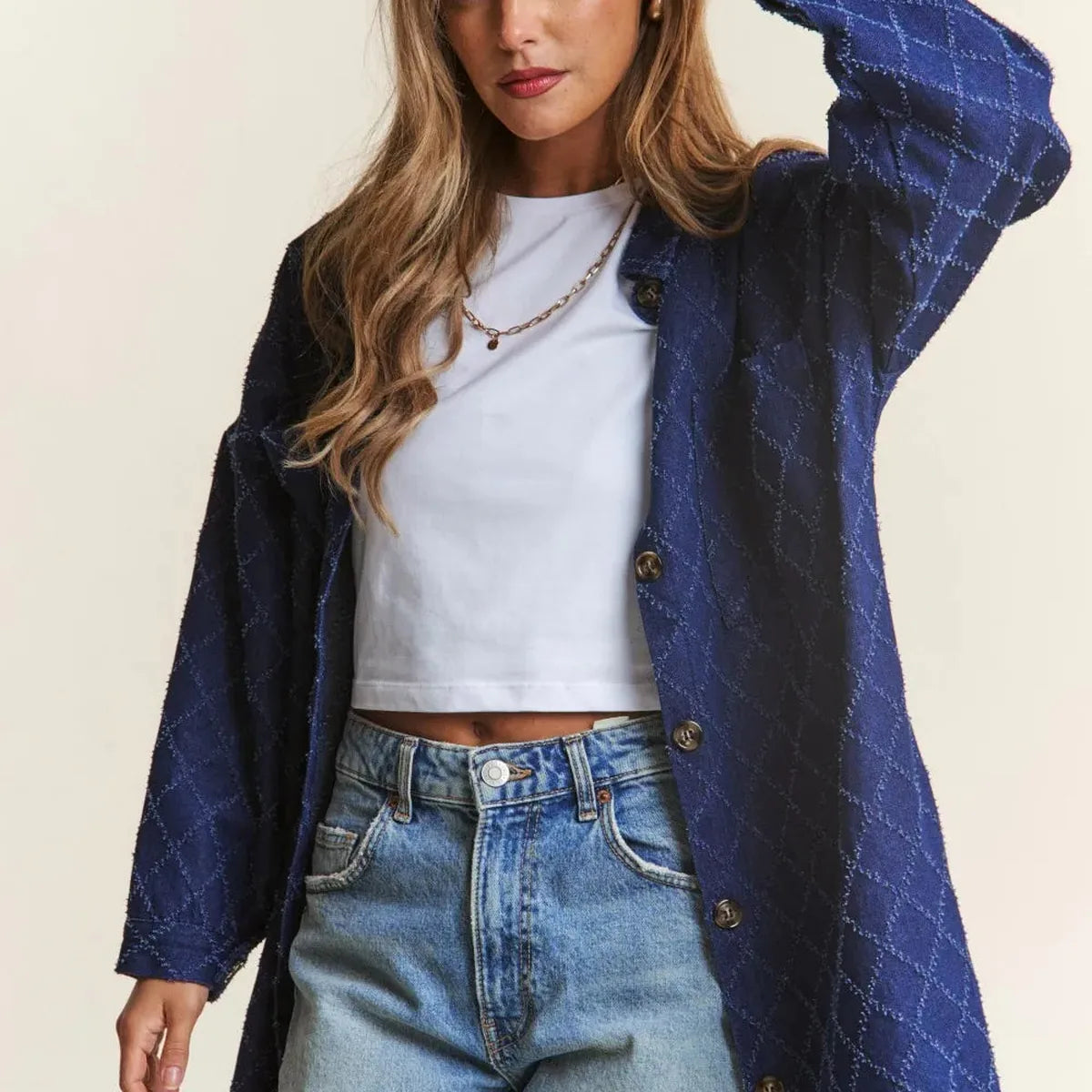 Rhombus Stitched Button Up Denim Shacket — square view — Livostyle