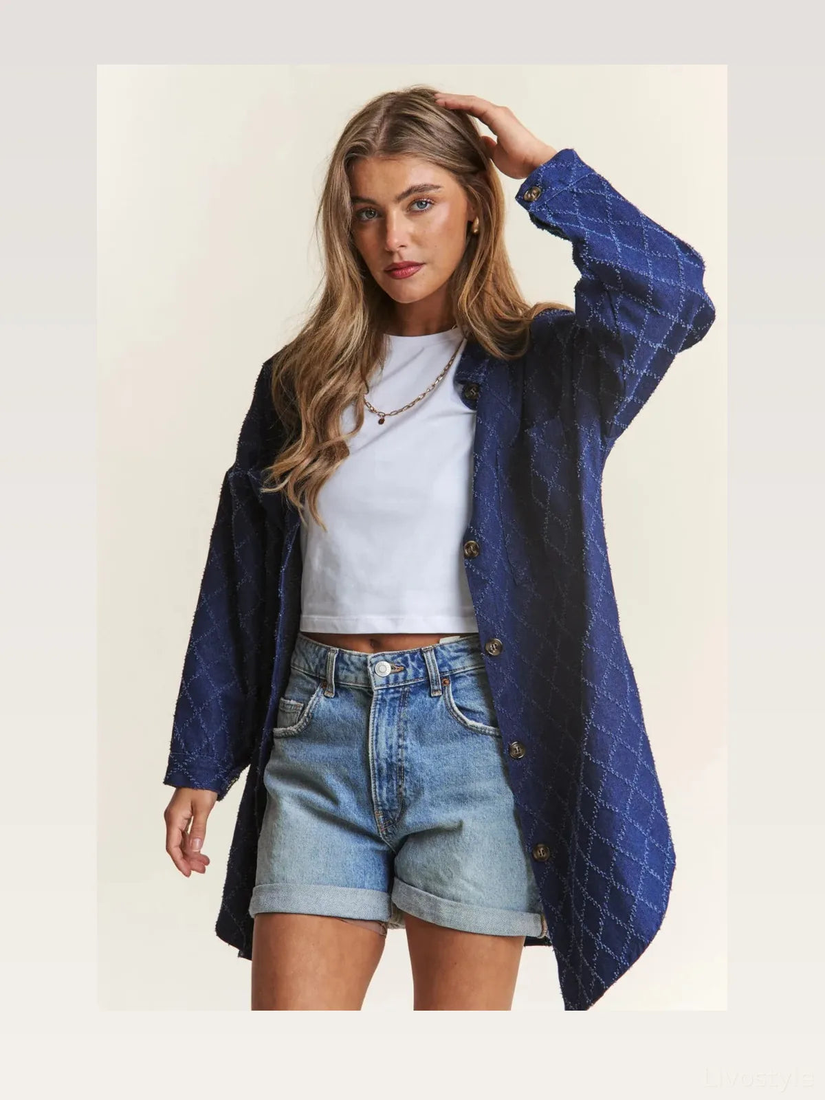 Rhombus Stitched Button Up Denim Shacket — styled showcase — Livostyle