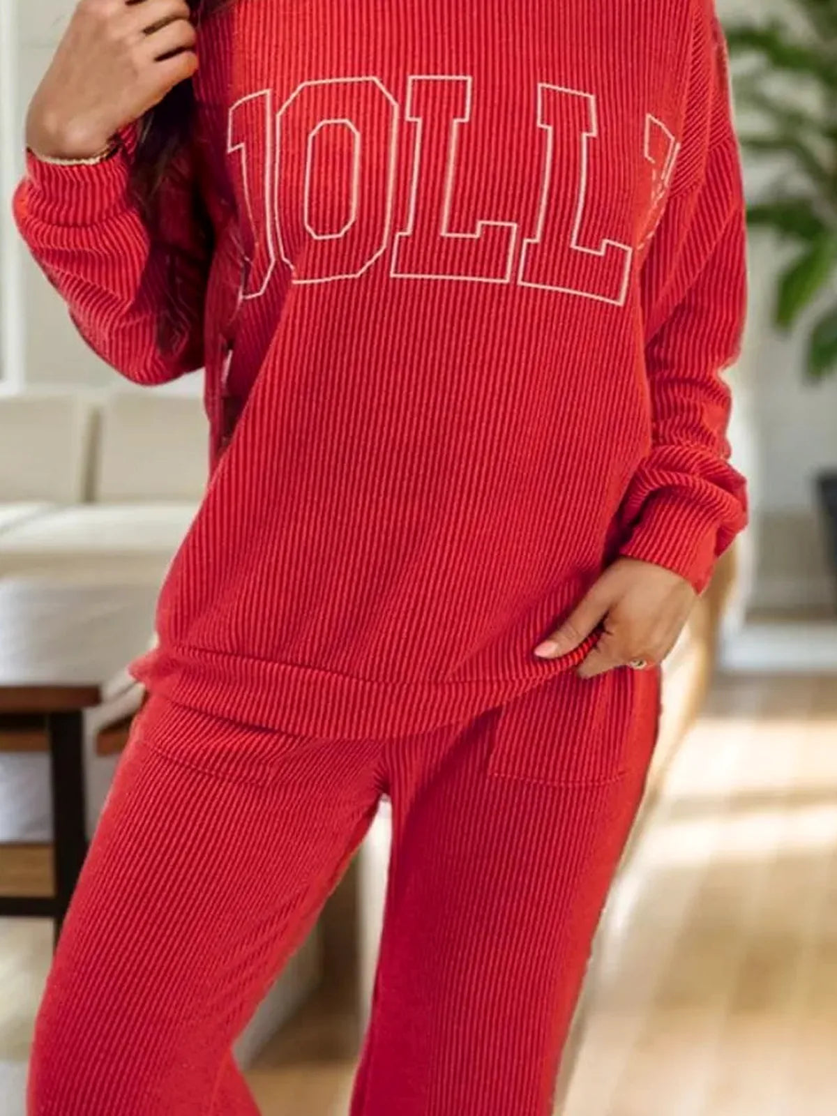 JOLLY Round Neck Long Sleeve Top and Pants Lounge Set — detail view — Livostyle
