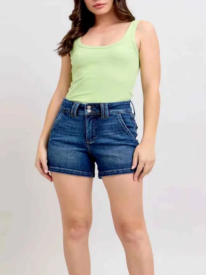 Double Button Waistband Denim Shorts — detail view — Livostyle