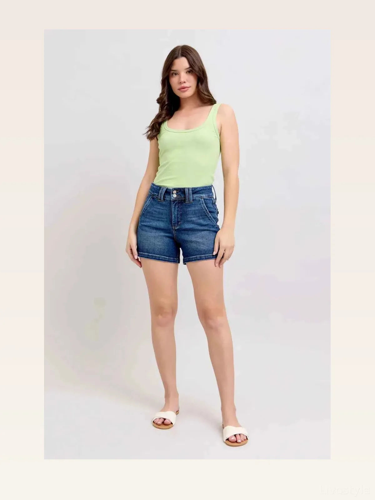 Double Button Waistband Denim Shorts — styled showcase — Livostyle