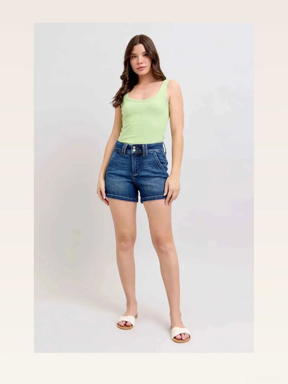 Double Button Waistband Denim Shorts — styled showcase — Livostyle