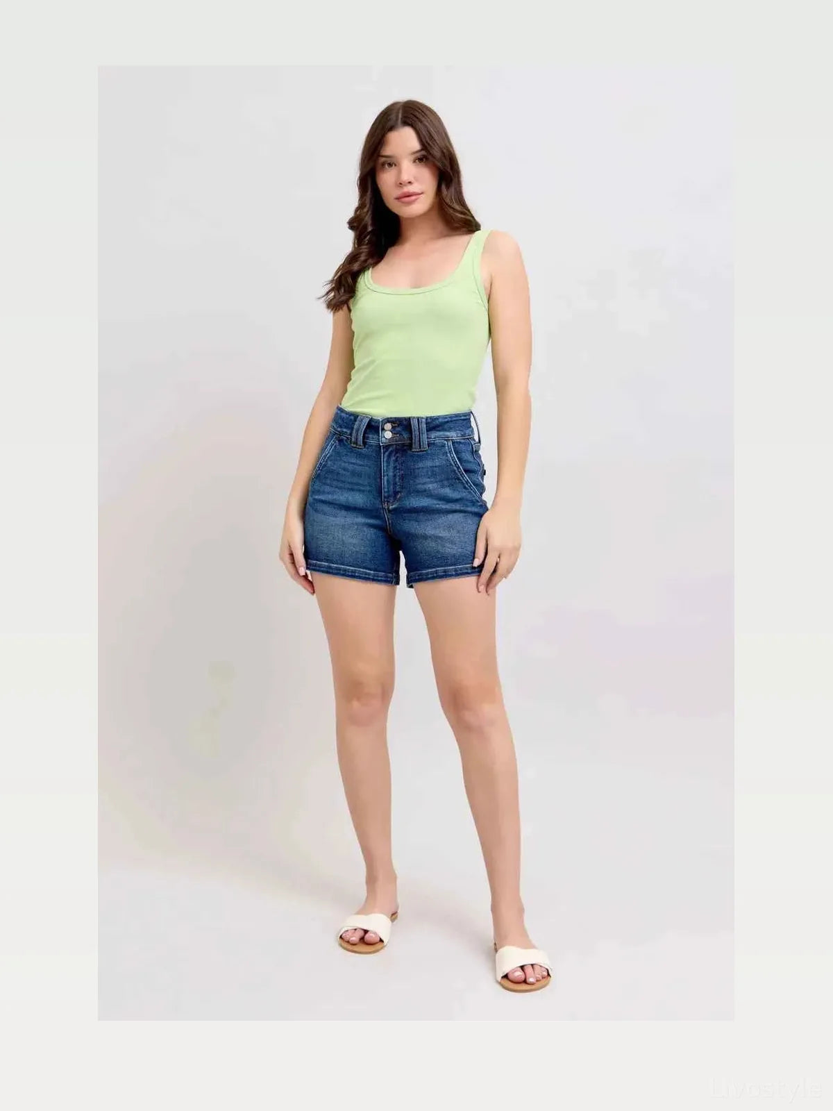 Double Button Waistband Denim Shorts — styled showcase — Livostyle